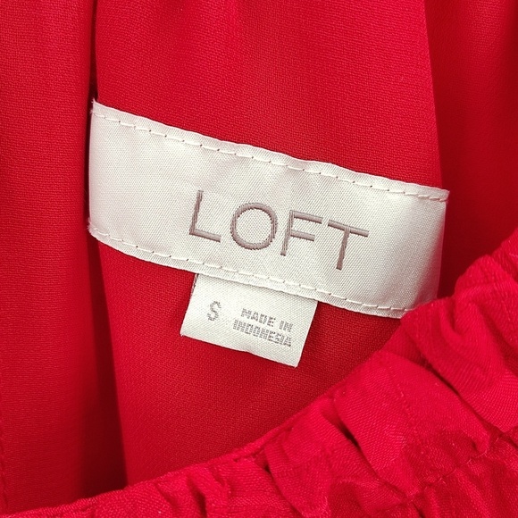 LOFT Smocked Cuff Blouse Red Size Small Lined Stretch Collar Peasant Top - Picture 8 of 9
